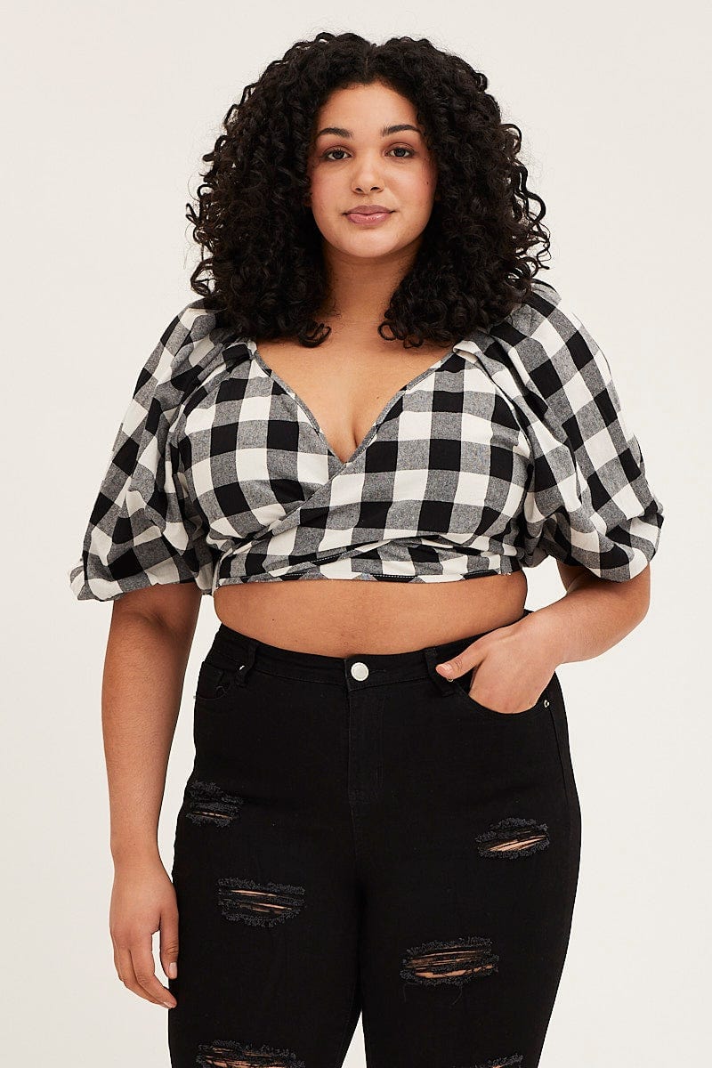 Check Short Puff Sleeve Black Gingham Wrap Bolero - Image 3