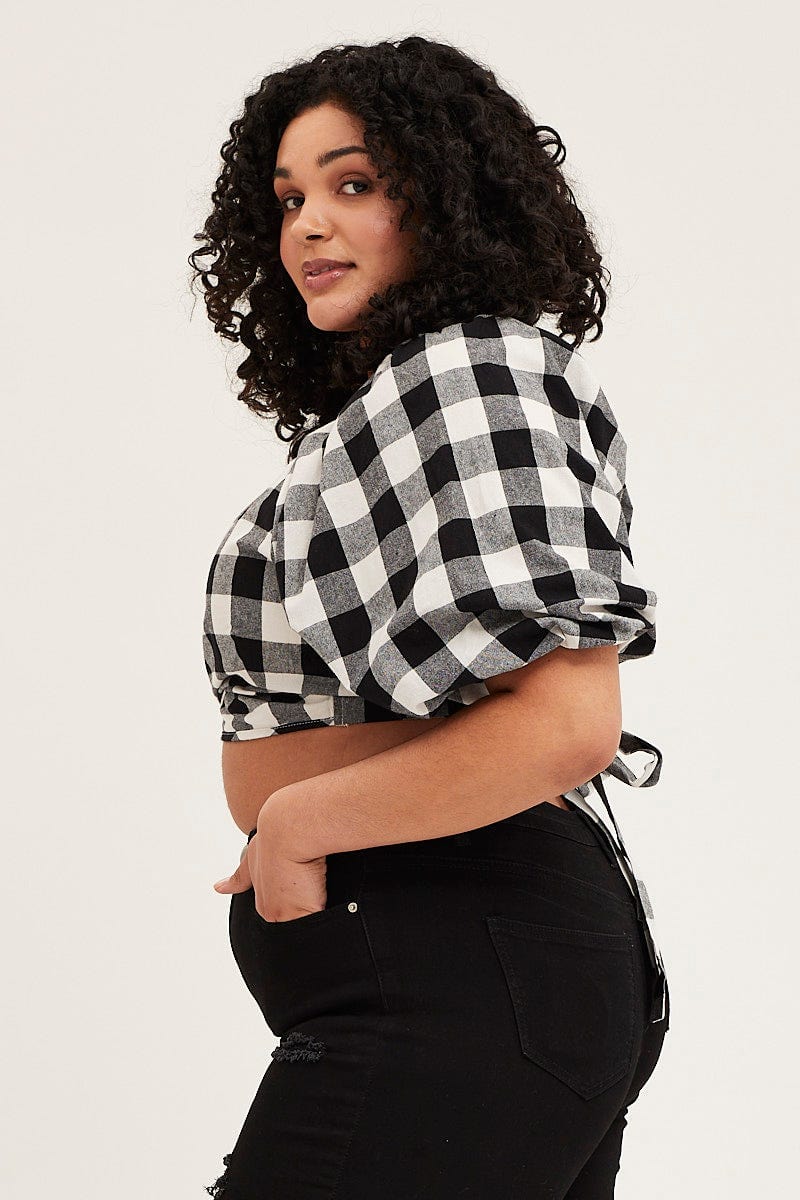 Check Short Puff Sleeve Black Gingham Wrap Bolero - Image 4