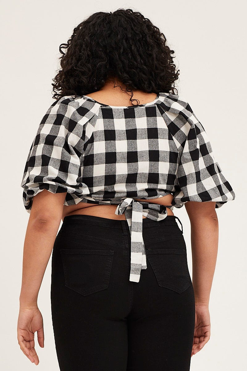 Check Short Puff Sleeve Black Gingham Wrap Bolero - Image 5