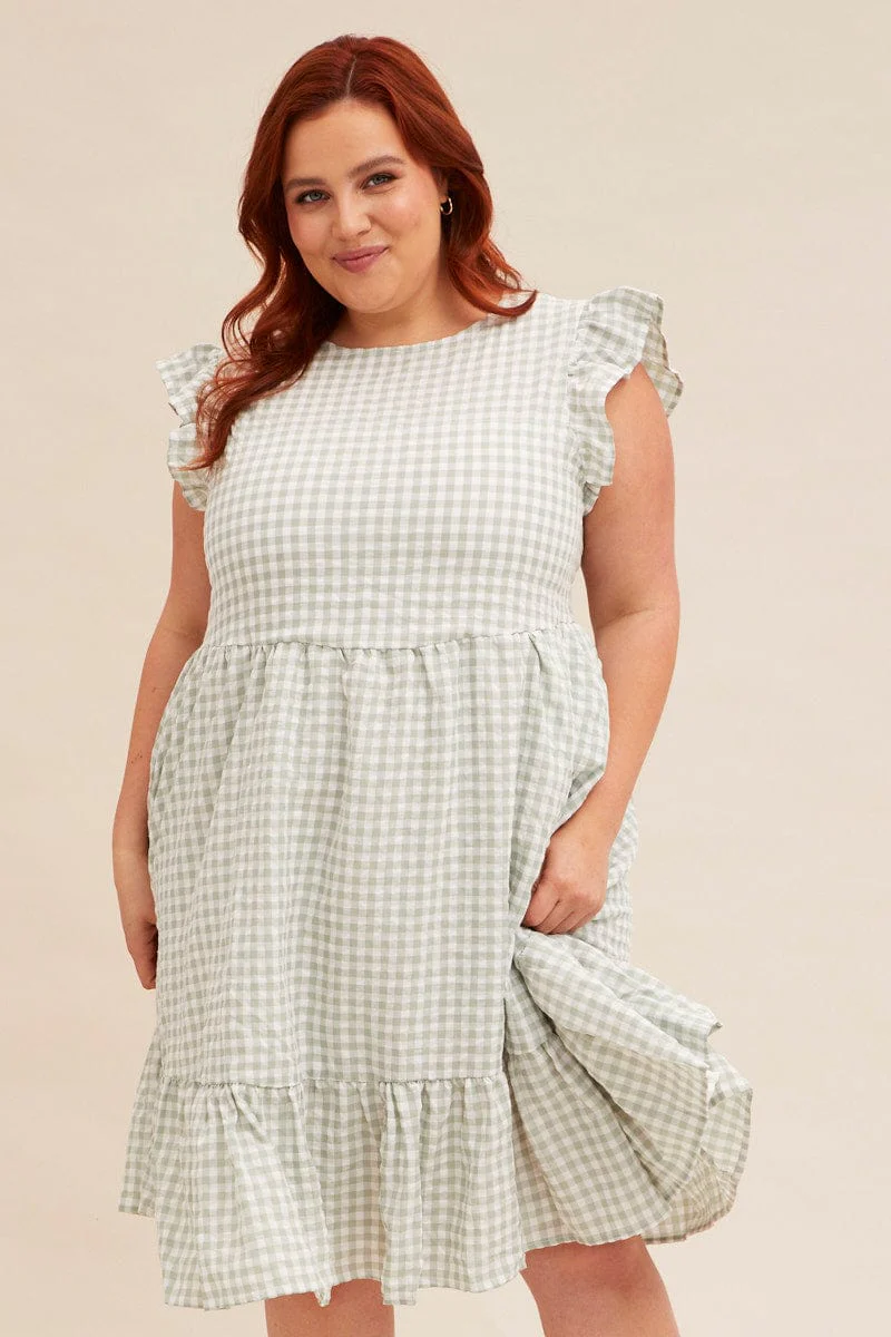 Check Short Sleeve Check Tiered Smock Dress - Image 2