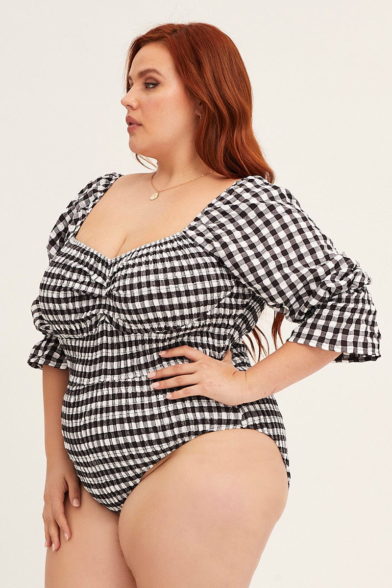 Check Short Sleeve Gingham Check Shirred Bodysuit - Image 2