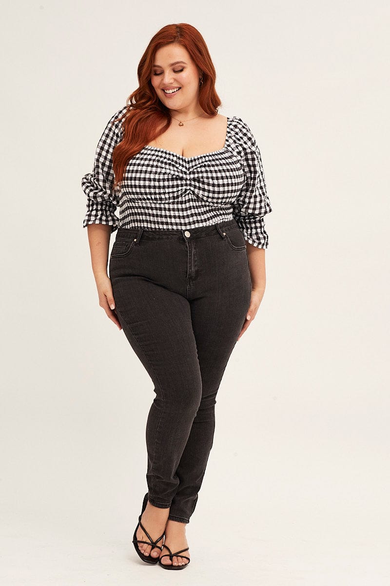 Check Short Sleeve Gingham Check Shirred Bodysuit - Image 3