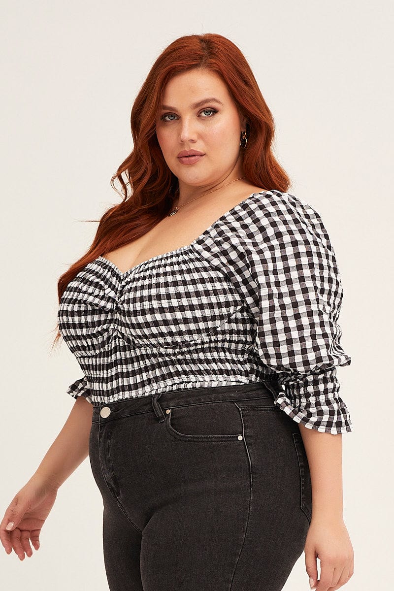 Check Short Sleeve Gingham Check Shirred Bodysuit - Image 4