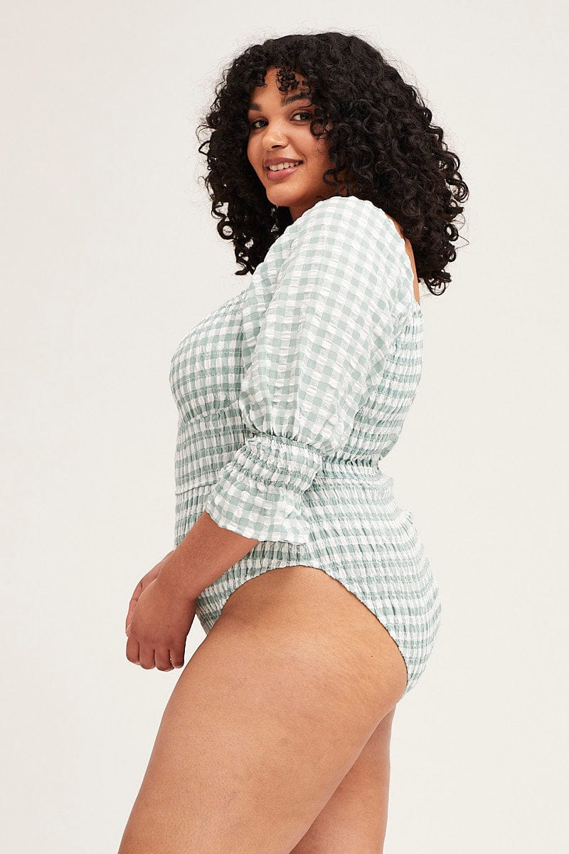 Check Short Sleeve Shirred Bodysuit - Image 2