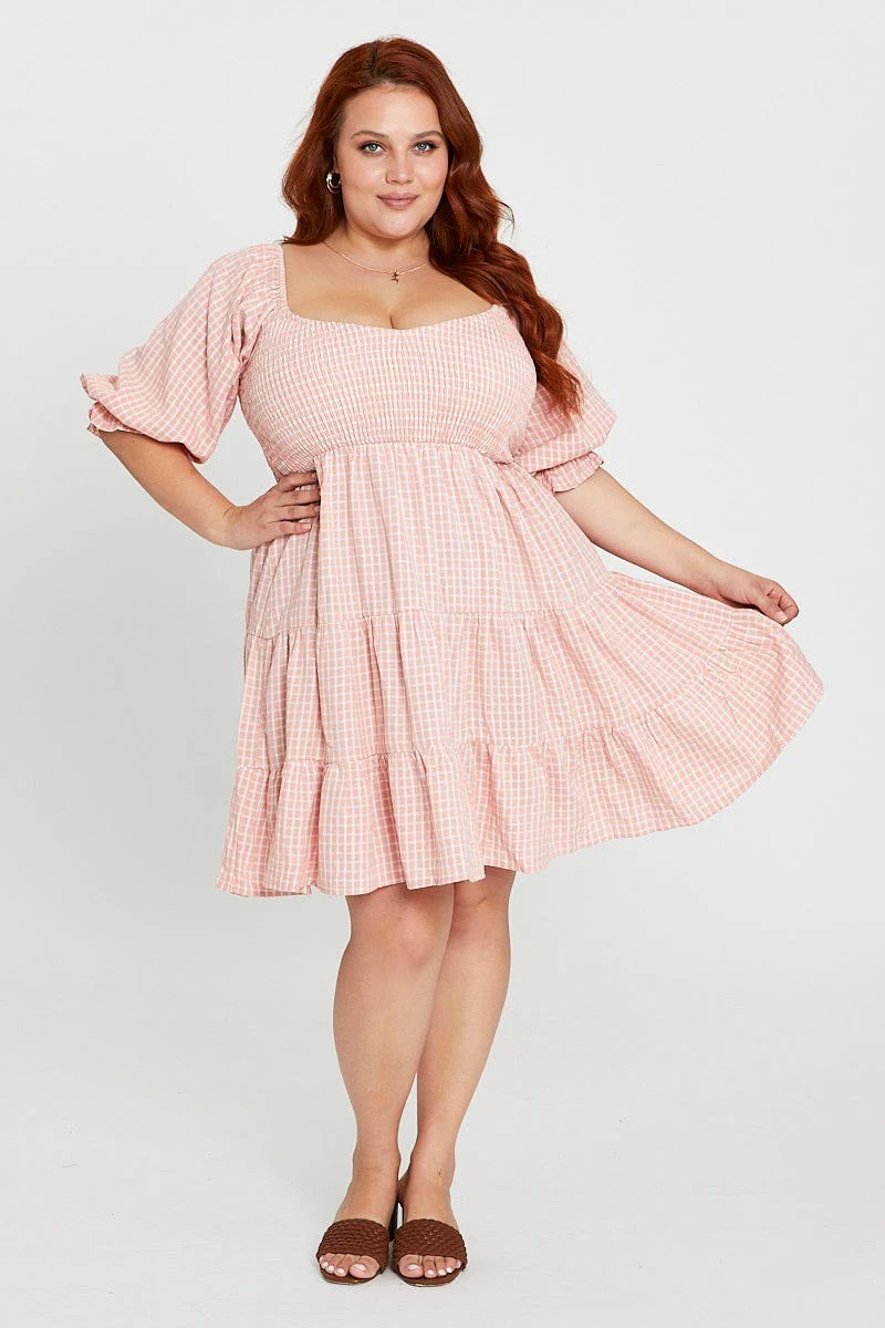 Check Short Sleeve Shirred Bust Pink Dress - Image 2