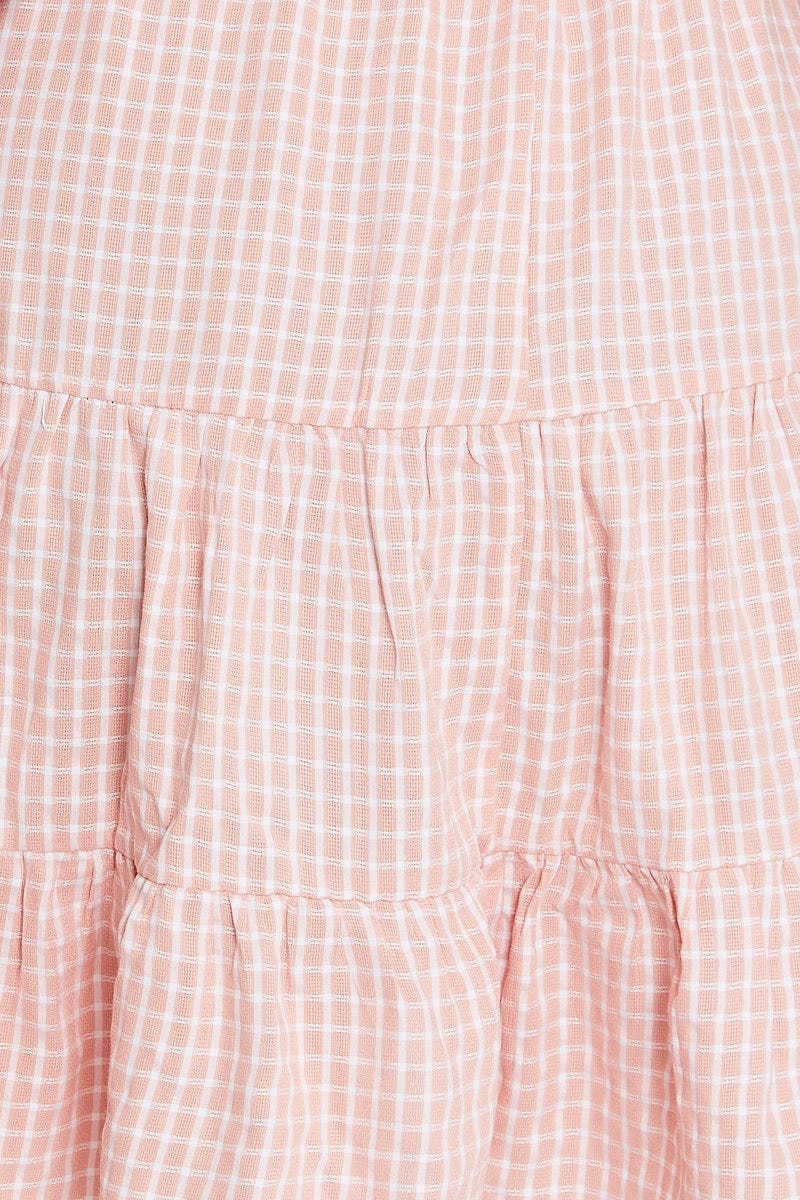 Check Short Sleeve Shirred Bust Pink Dress - Image 6