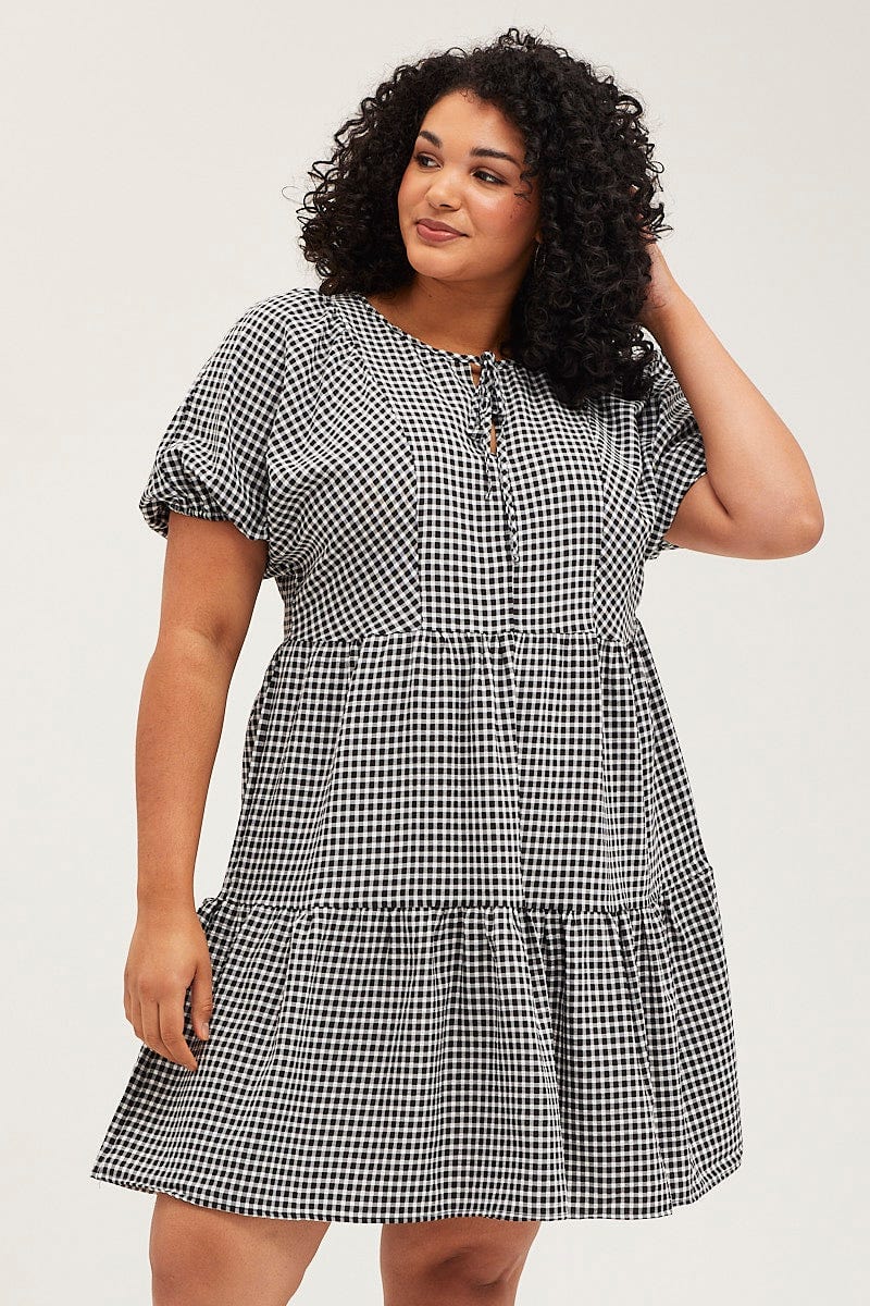 Check Skater Dress Round Neck Puff Sleeve - Image 3