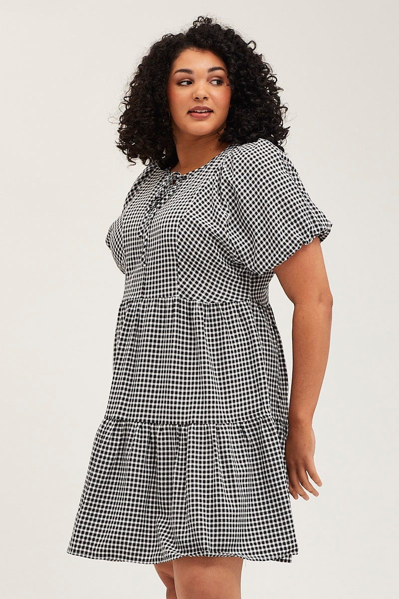 Check Skater Dress Round Neck Puff Sleeve - Image 4