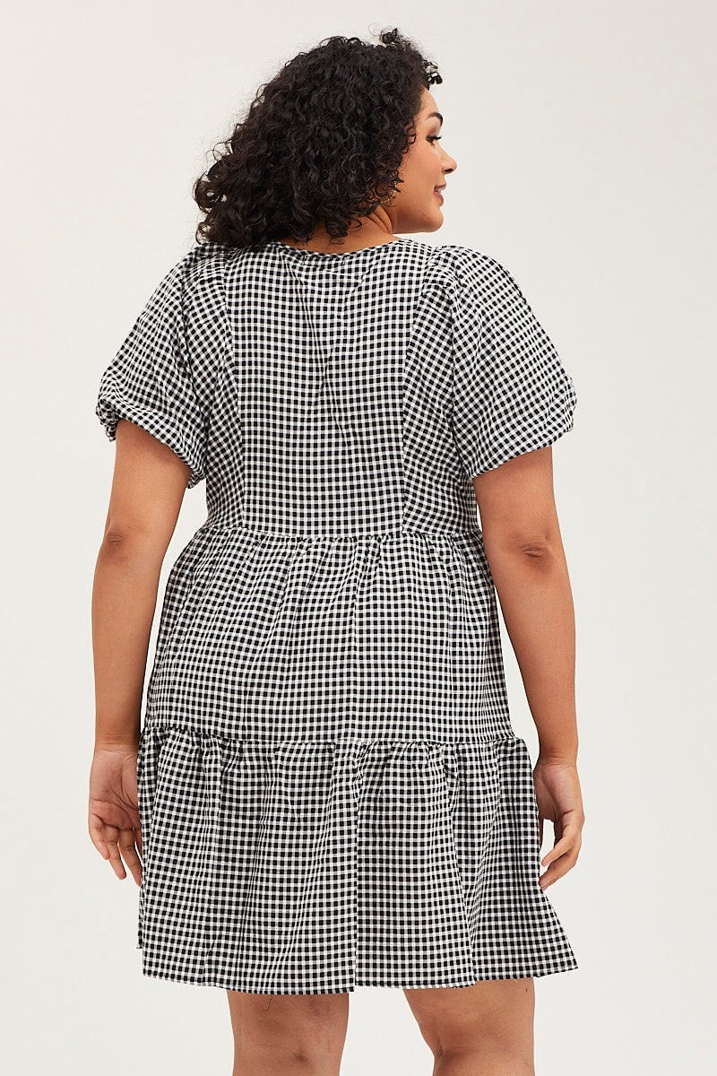 Check Skater Dress Round Neck Puff Sleeve - Image 5