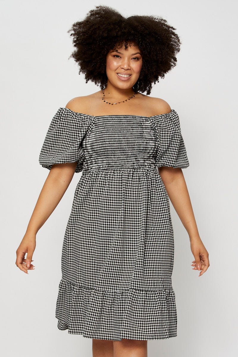 Check Skater Dress Square Neck Puff Sleeve - Image 2