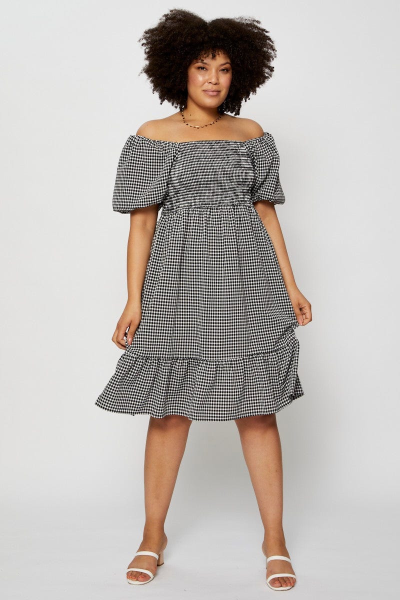 Check Skater Dress Square Neck Puff Sleeve - Image 3