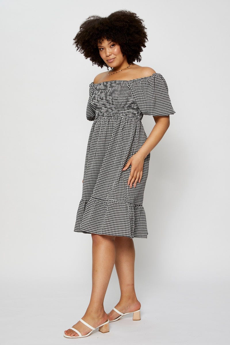 Check Skater Dress Square Neck Puff Sleeve - Image 4