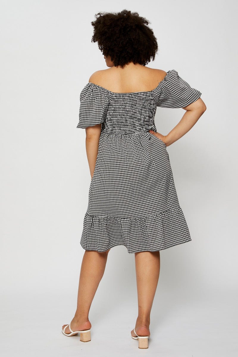 Check Skater Dress Square Neck Puff Sleeve - Image 5