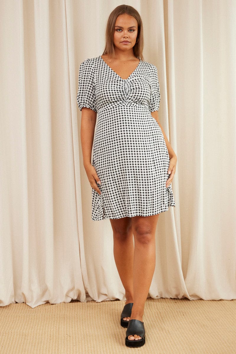 Check Skater Dress V-neck Short Sleeve - Image 2