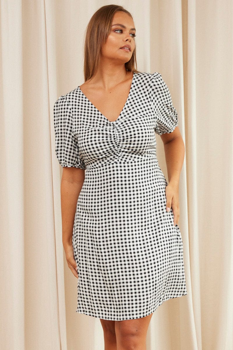 Check Skater Dress V-neck Short Sleeve - Image 3