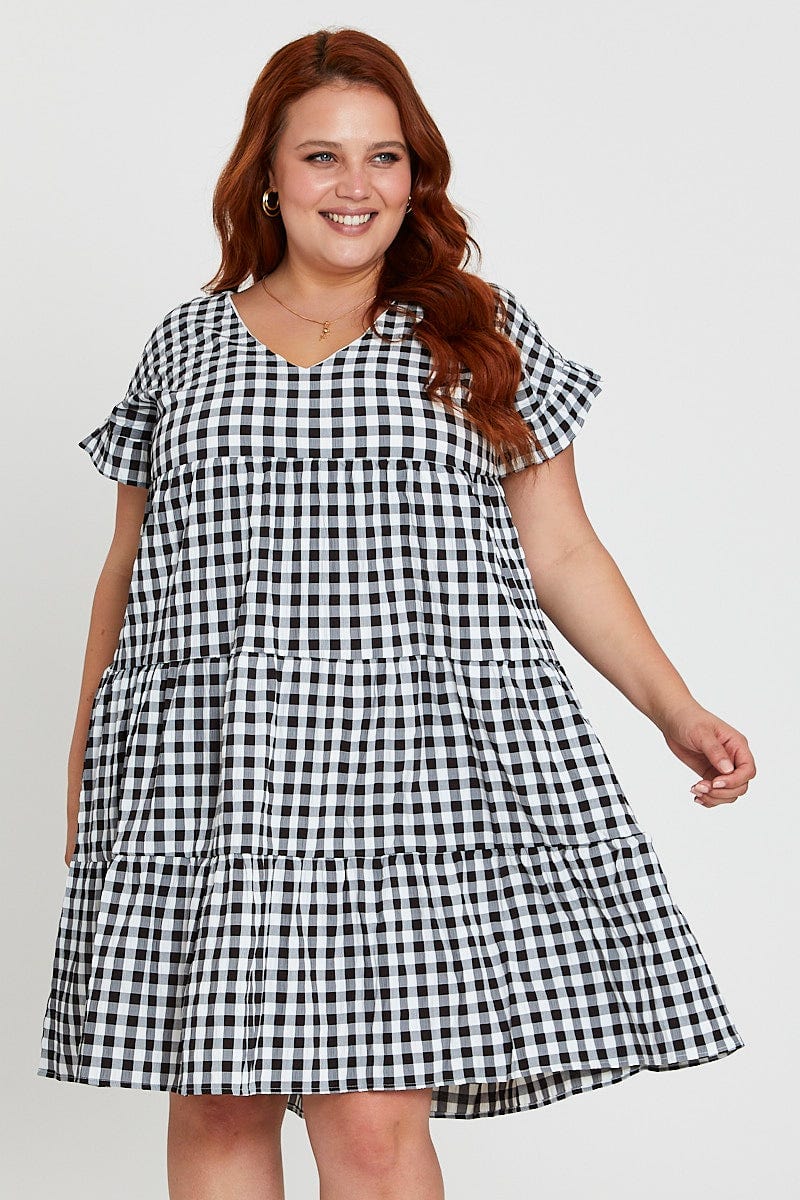 Check Skater Dress V-neck Short Sleeve - Image 3