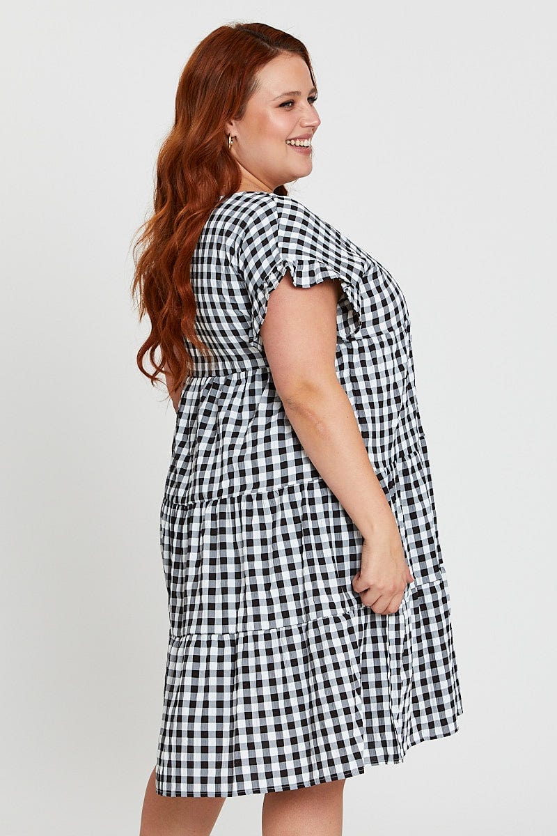 Check Skater Dress V-neck Short Sleeve - Image 4