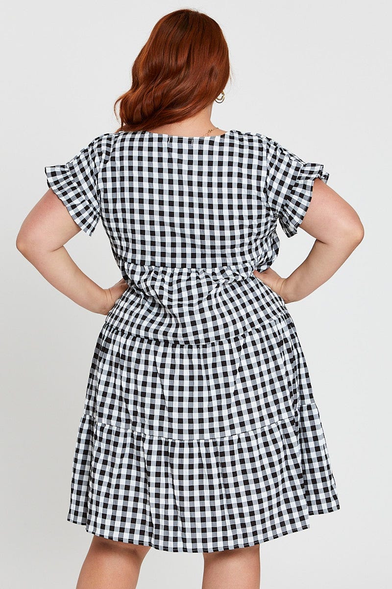 Check Skater Dress V-neck Short Sleeve - Image 5