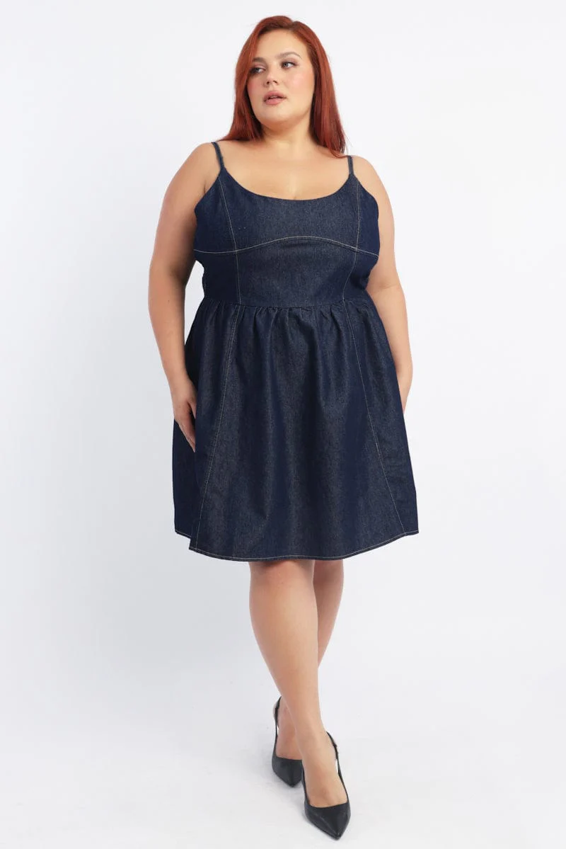 Denim Contrast Stitching Flare Mini Dress - Image 2