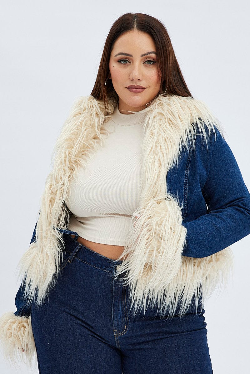 Denim Jacket Shaggy Fur Trim Stretch - Image 2