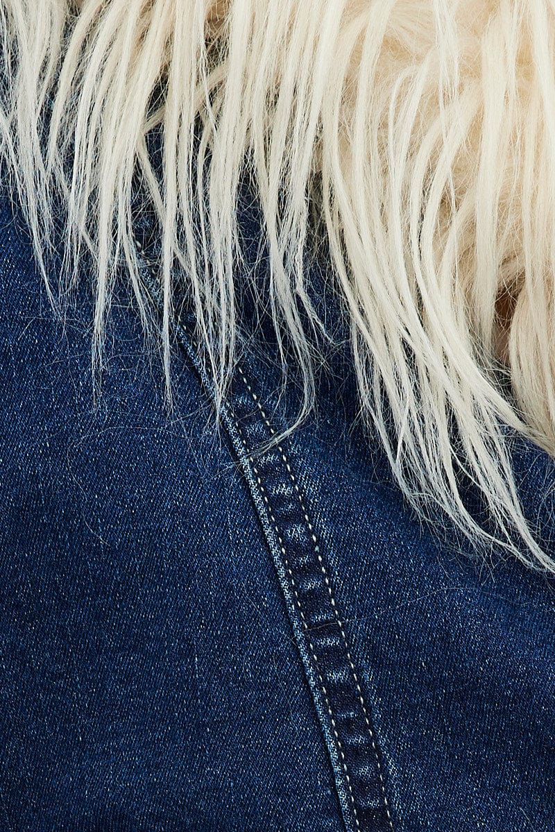 Denim Jacket Shaggy Fur Trim Stretch - Image 6