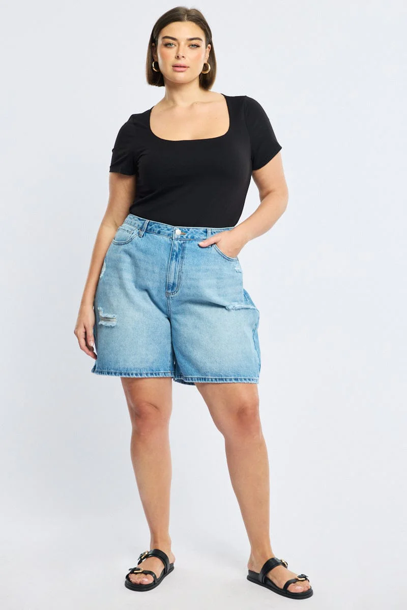 Denim Jorts Mid Rise Distressed