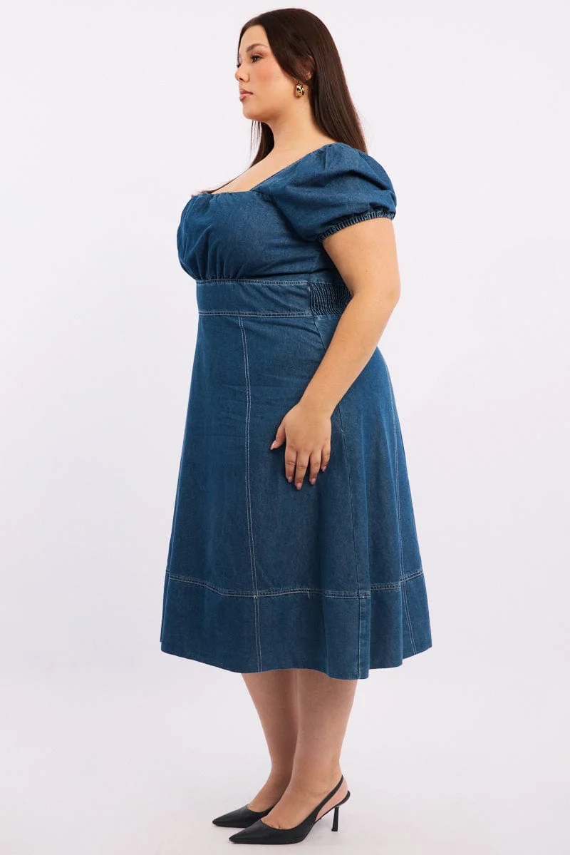 Denim Midi Dress Short Sleeve Ruched Bust - Image 3