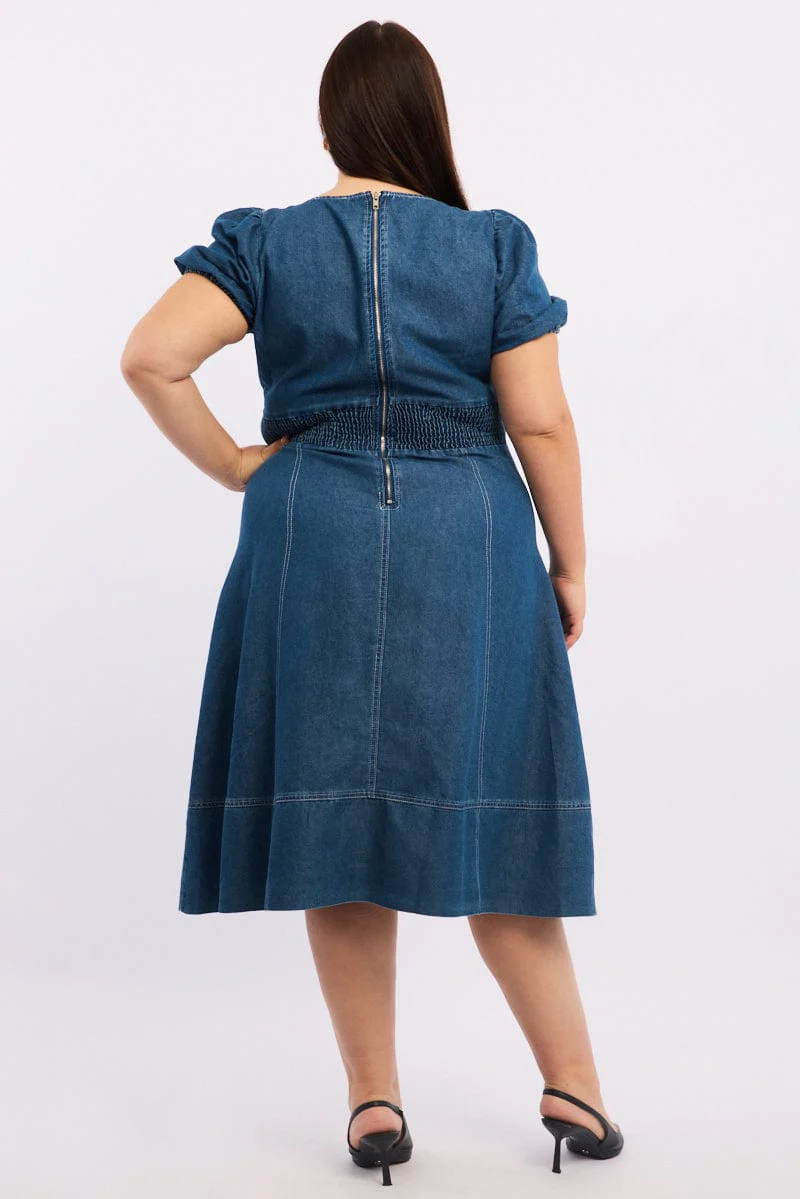 Denim Midi Dress Short Sleeve Ruched Bust - Image 4