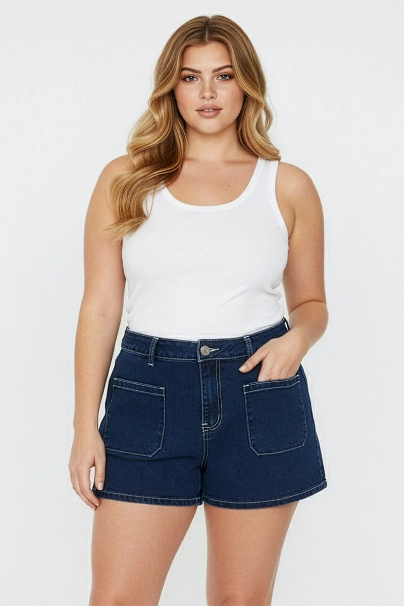 Denim Mini Shorts Mid Rise Outpocket
