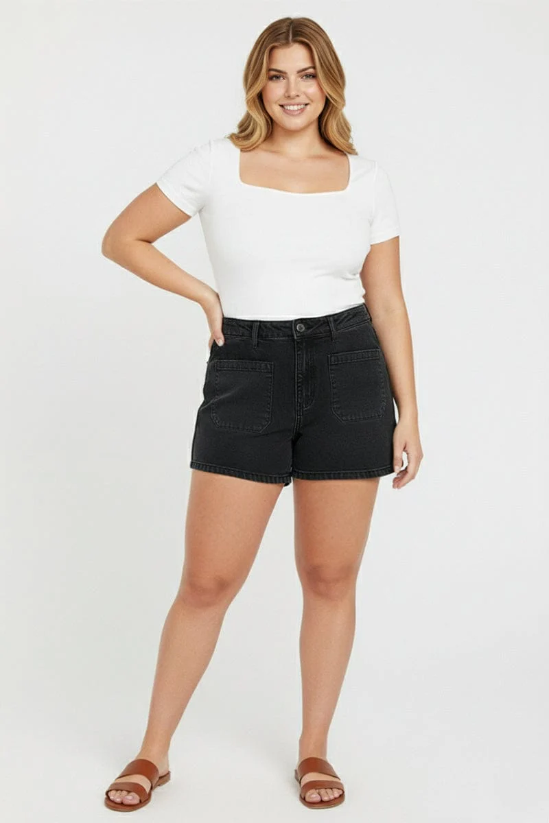 Denim Mini Shorts Mid Rise Outpocket