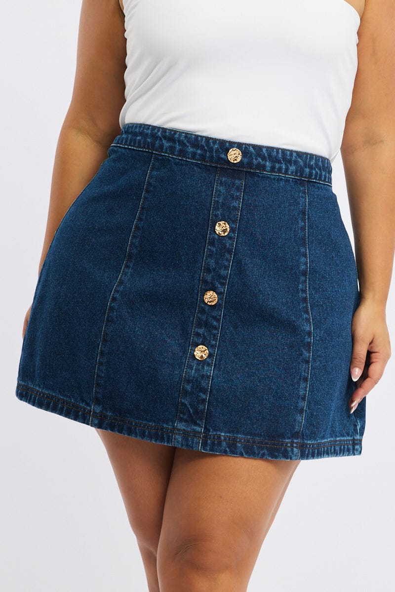 Denim Mini Skirt A-line Button Front - Image 2