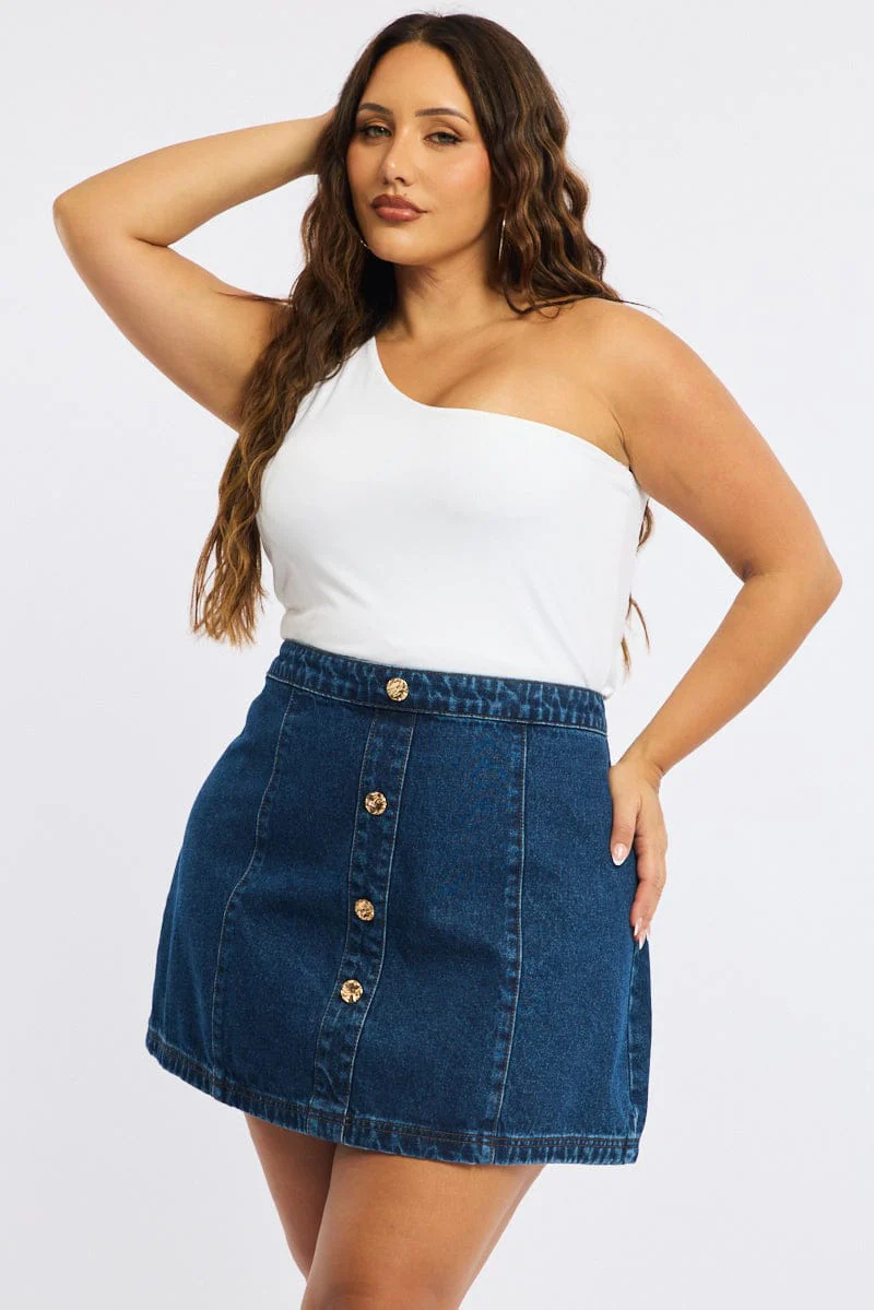 Denim Mini Skirt A-line Button Front - Image 3