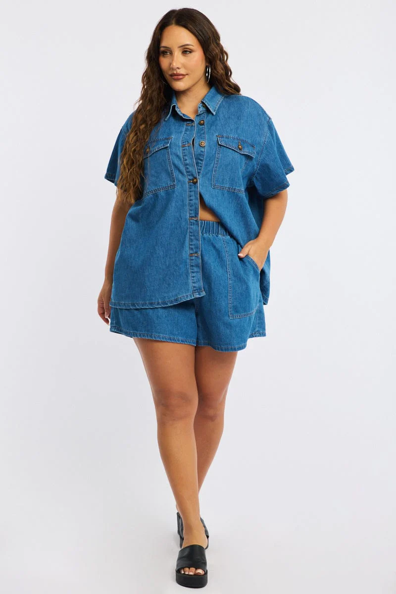 Denim Relaxed Shorts Elastic Waist - Image 3