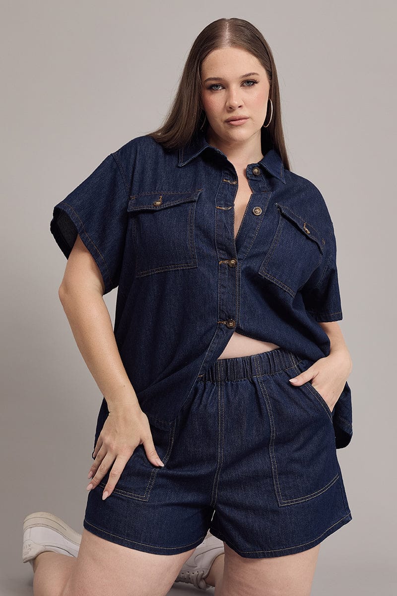 Denim Relaxed Shorts Elastic Waist