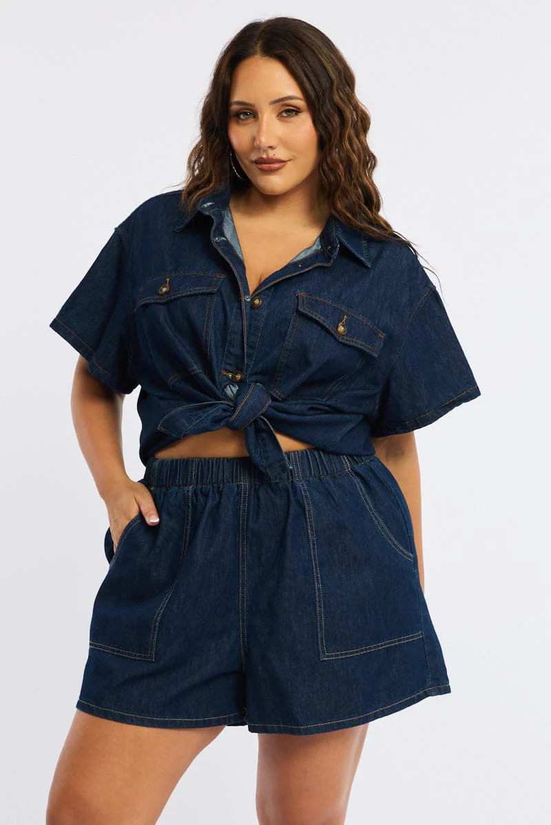 Denim Relaxed Shorts Elastic Waist - Image 3