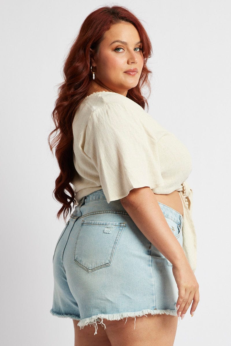 Denim Relaxed Shorts High Rise Distressed Hem - Image 4