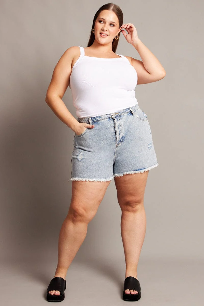 Denim Relaxed Shorts High Rise Distressed Hem - Image 2
