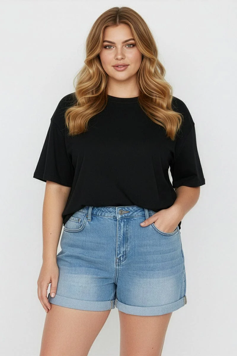 Denim Relaxed Shorts Mid Rise Elastic Waist - Image 2
