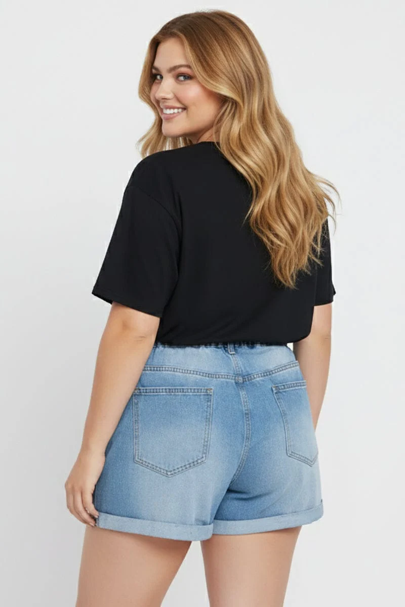 Denim Relaxed Shorts Mid Rise Elastic Waist - Image 4