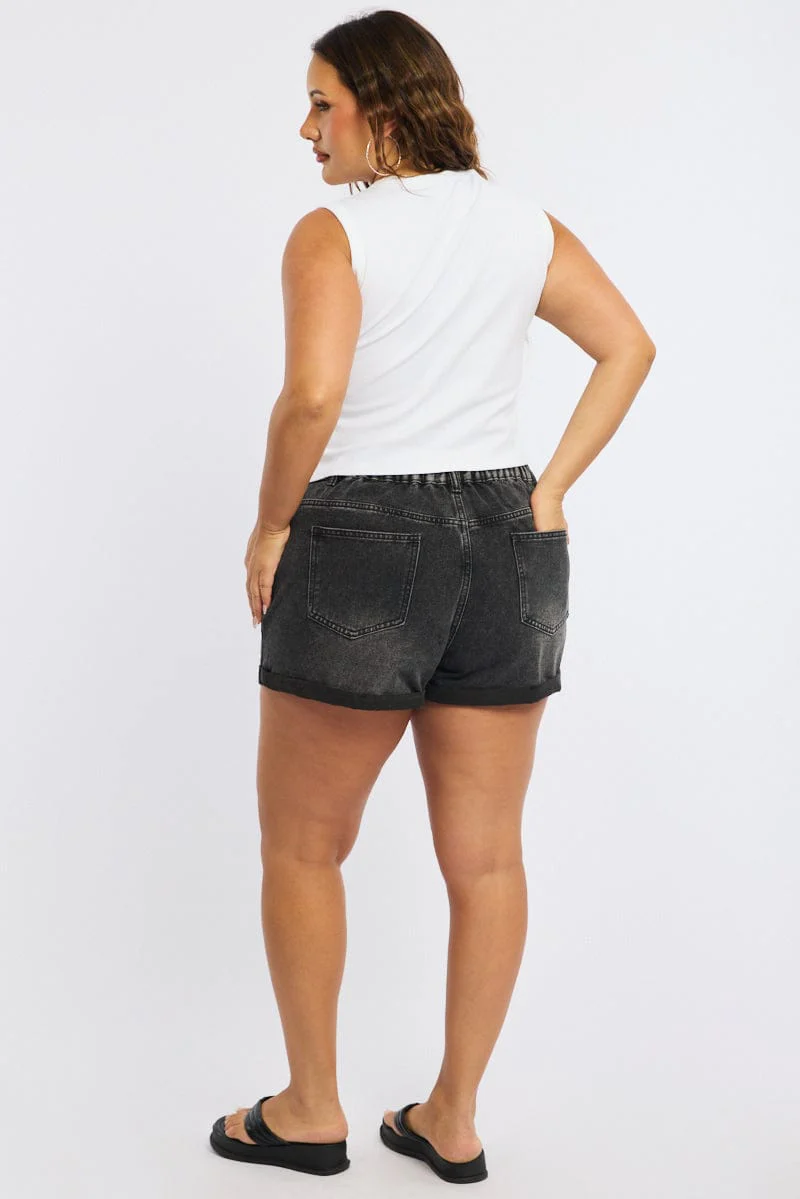 Denim Relaxed Shorts Mid Rise Elastic Waist - Image 5