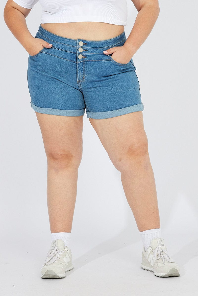 Denim Skinny Denim Shorts High Rise 3 Buttons - Image 3