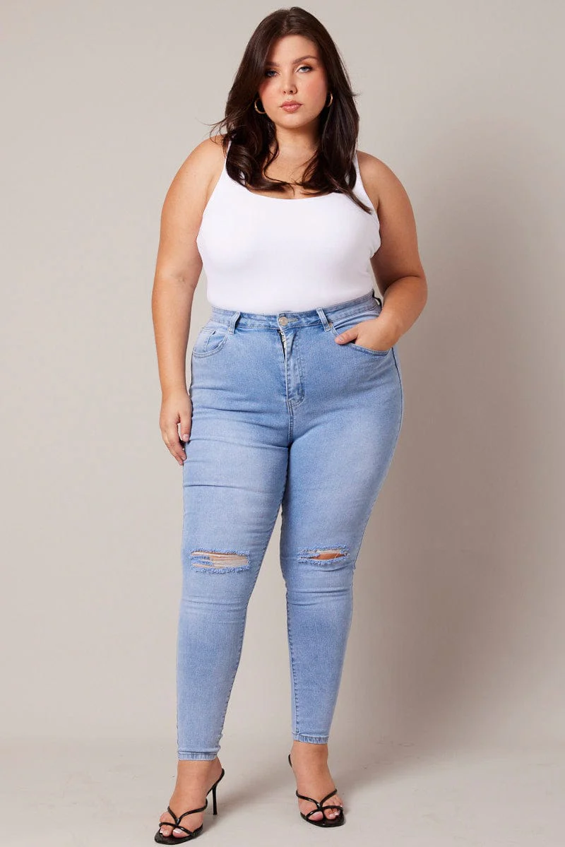 Denim Skinny Jeans High Rise Knee Slit - Image 2