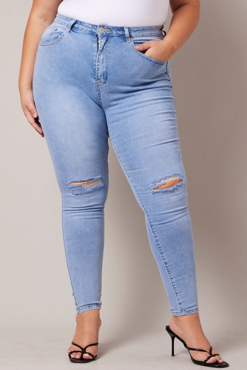 Denim Skinny Jeans High Rise Knee Slit - Image 3
