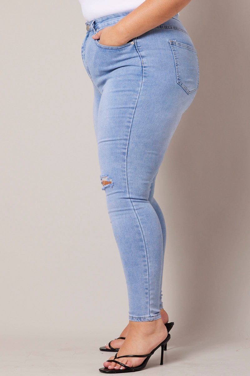 Denim Skinny Jeans High Rise Knee Slit - Image 4