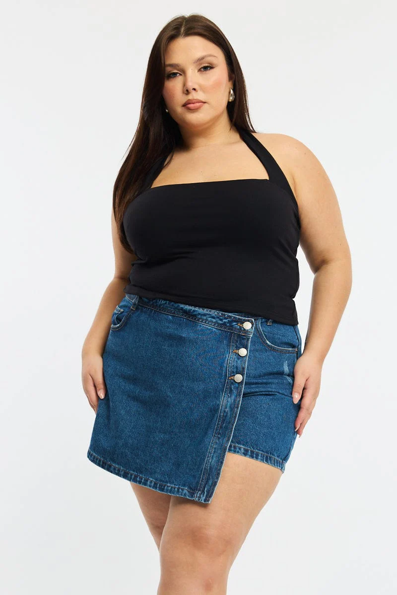 Denim Skorts Mid Rise Wrap