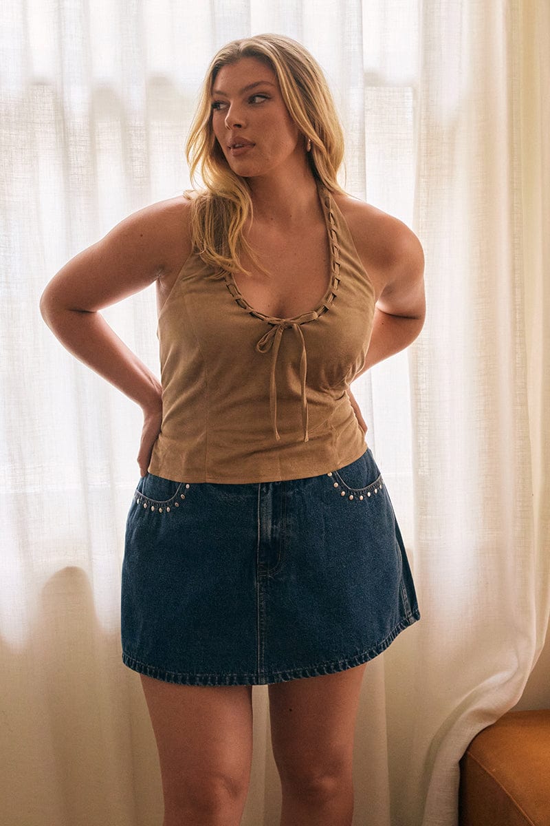 Denim Skorts Skirt High Rise Stud Detail