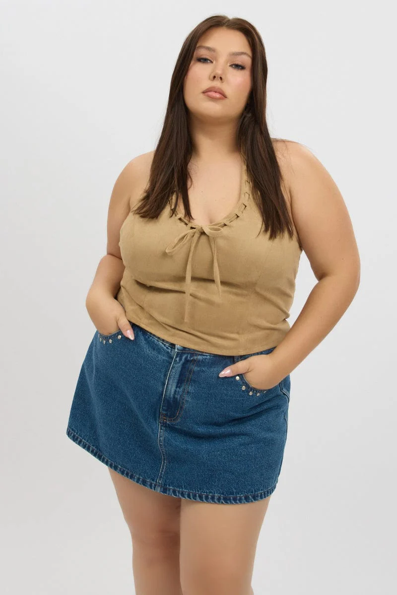 Denim Skorts Skirt High Rise Stud Detail - Image 2