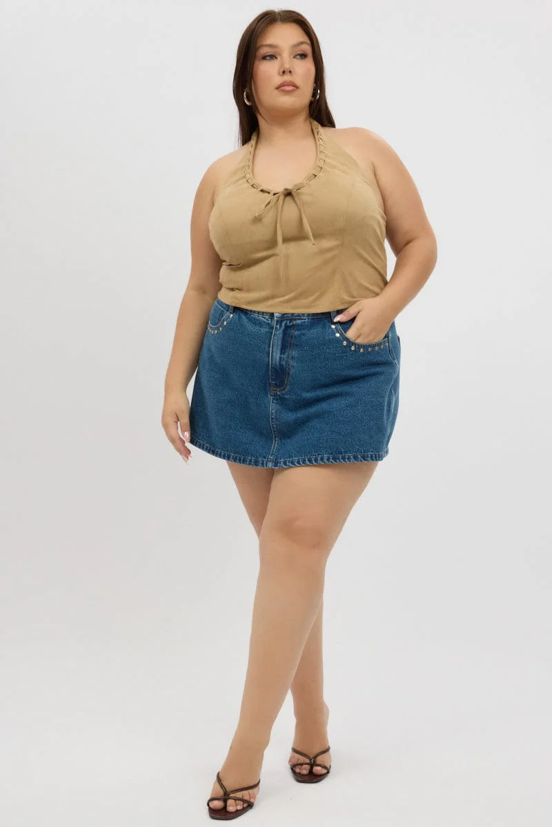 Denim Skorts Skirt High Rise Stud Detail - Image 3