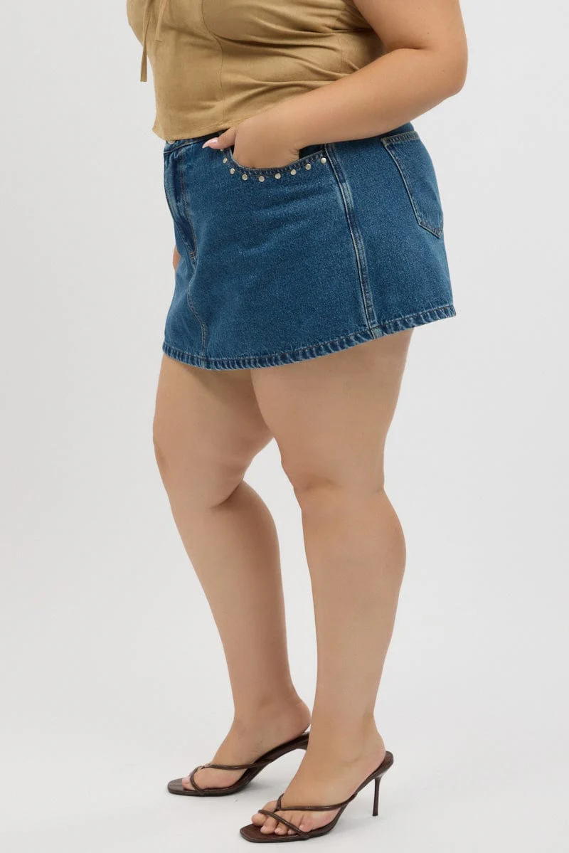 Denim Skorts Skirt High Rise Stud Detail - Image 4