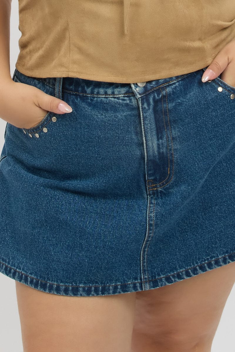 Denim Skorts Skirt High Rise Stud Detail - Image 6